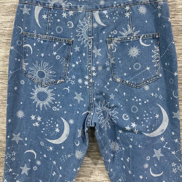 🌙✨ Rue 21Cosmic Dreamer BOHO Juniors XL Bell Bottom Jeans Star Moon & Sun Print - Picture 4 of 9